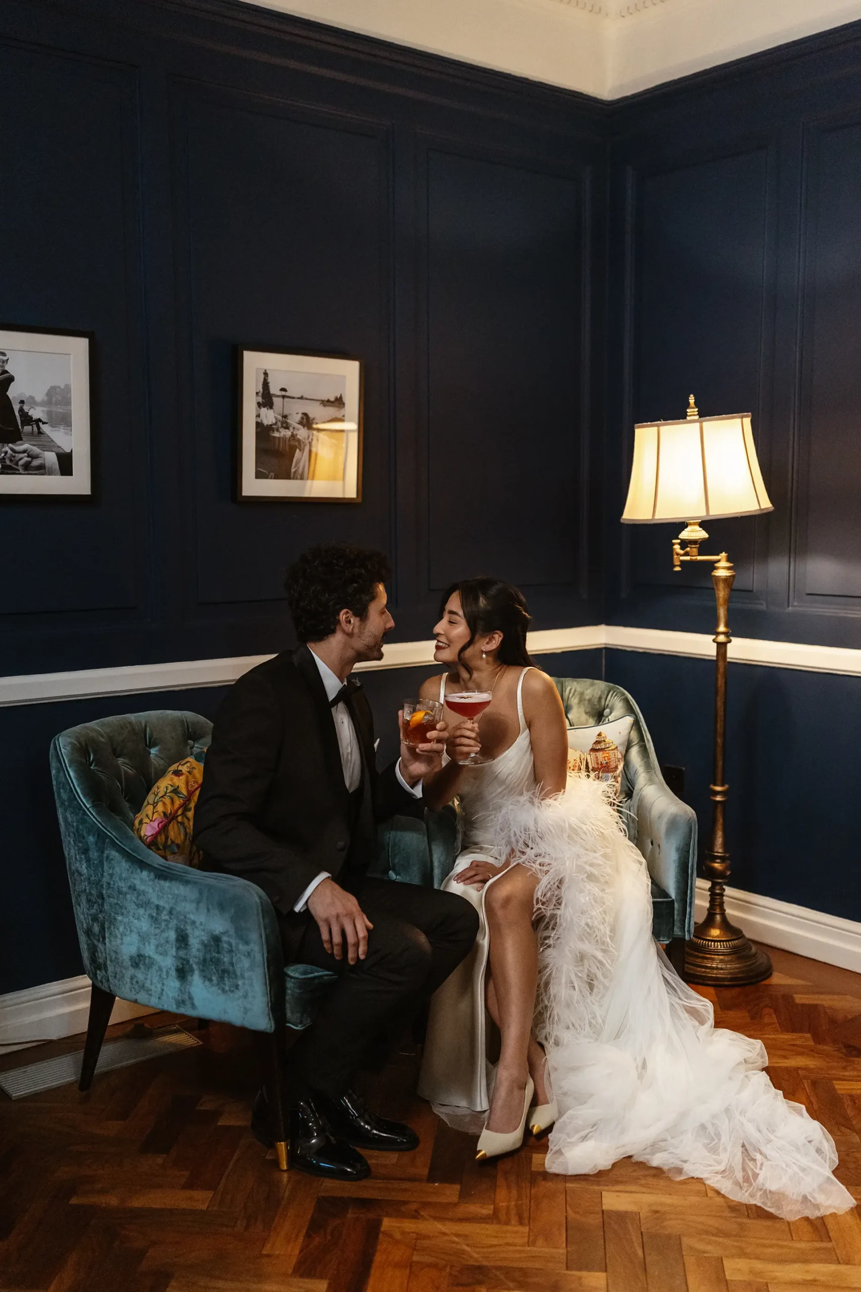 Bride and Groom drinking cocktails in the Peploe Bar & Lounge at Old Palace Chester