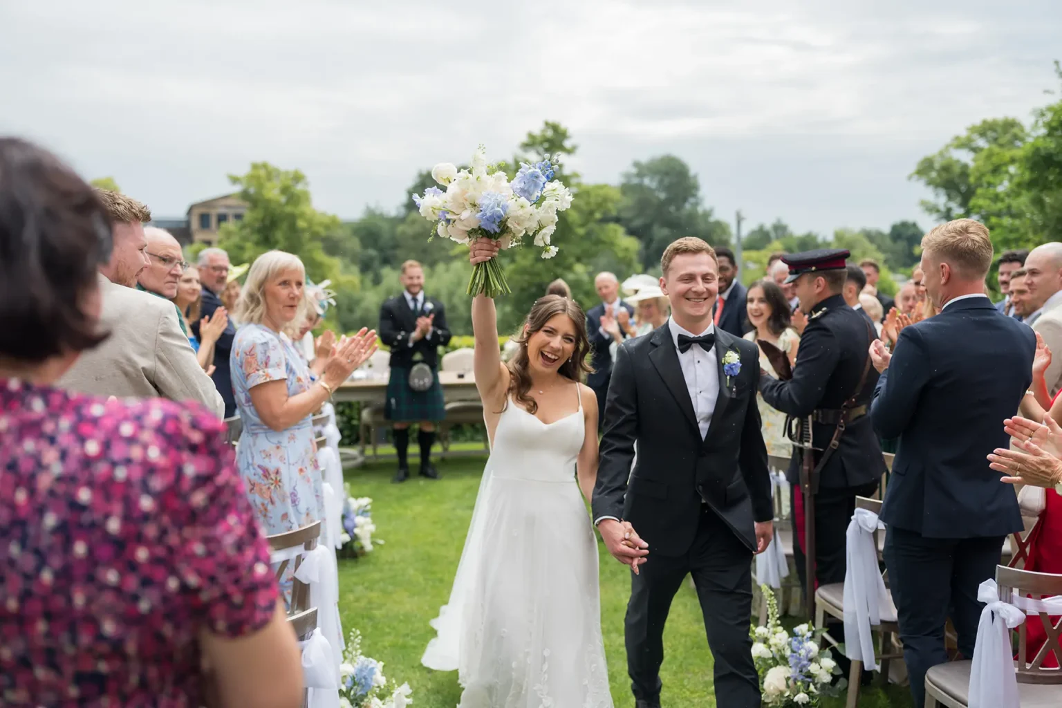 Bride and Groom just married in the outdoor ceremony space at Old Palace Chester