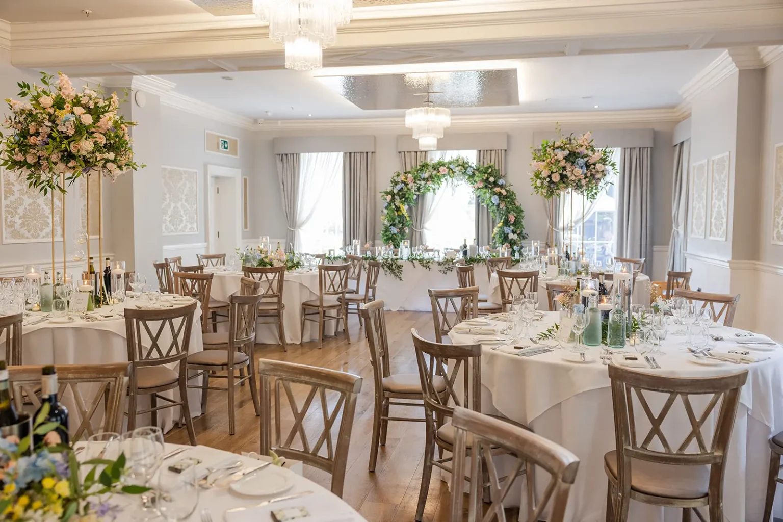 The Ballroom wedding reception space dressed for a summer wedding at Old Palace Chester